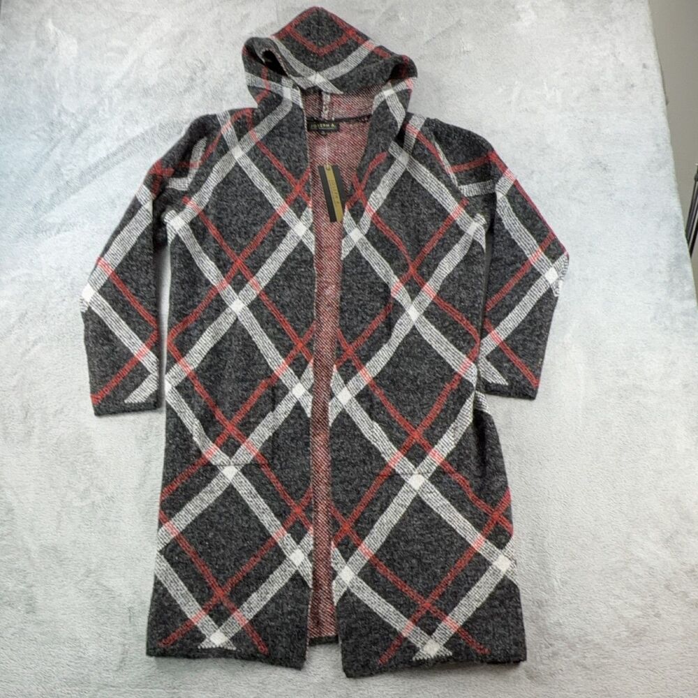 JOSEPH A. Cardigan Womens S Dark Grey Plaid Hooded Knit Open Long Sleeve Button